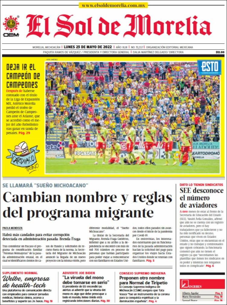 Portada de El Sol de Morelia (M&eacute;xico)