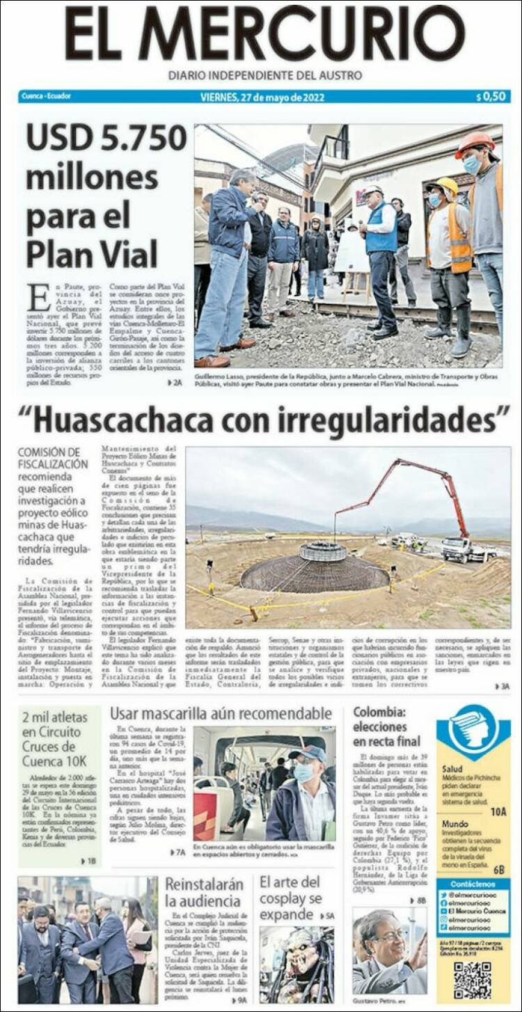 Portada de Diario El Mercurio (Équateur)