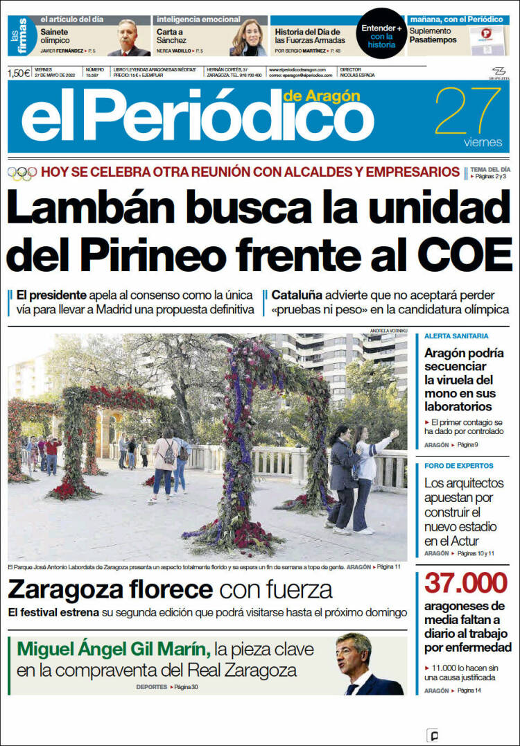 Portada de El Periódico de Aragón (España)