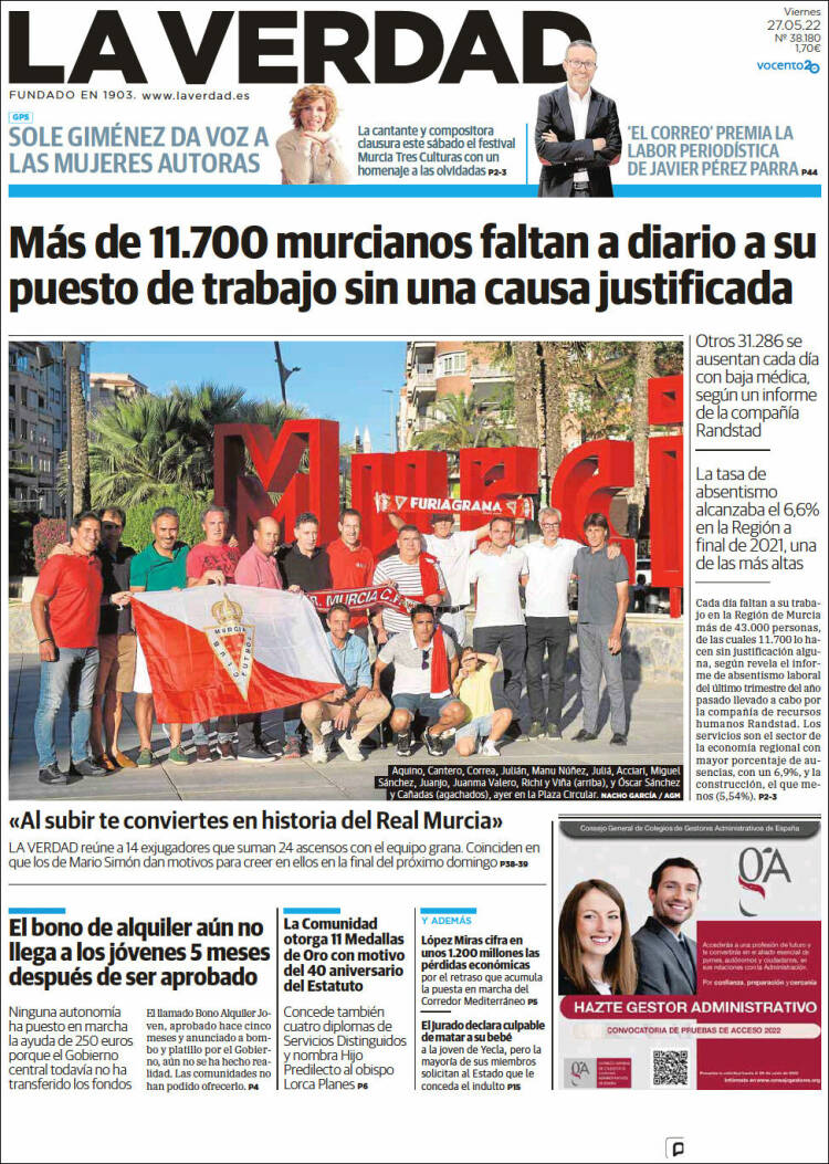 Portada de La Verdad de Murcia (España)