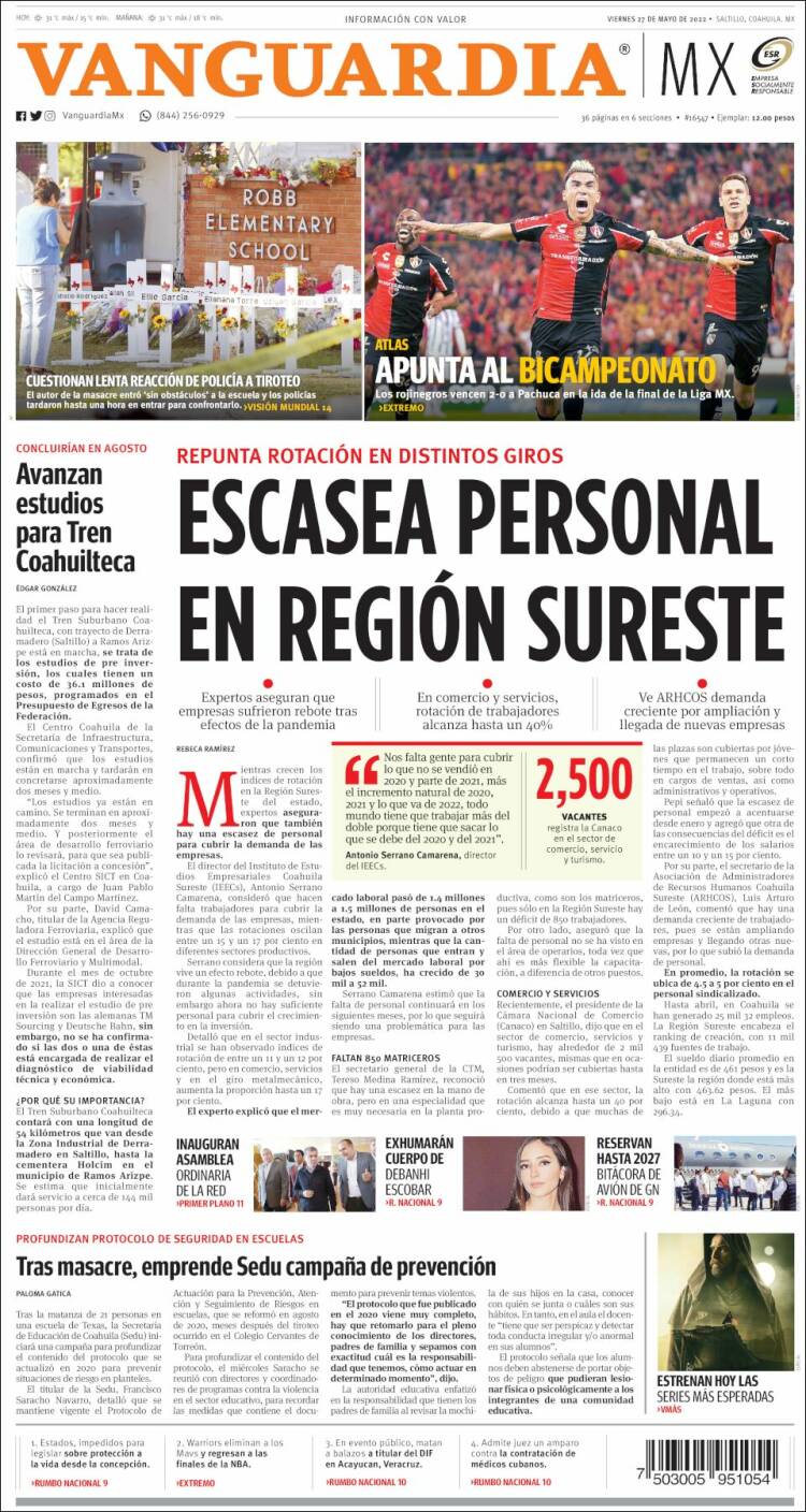 Portada de Vanguardia (M&eacute;xico)