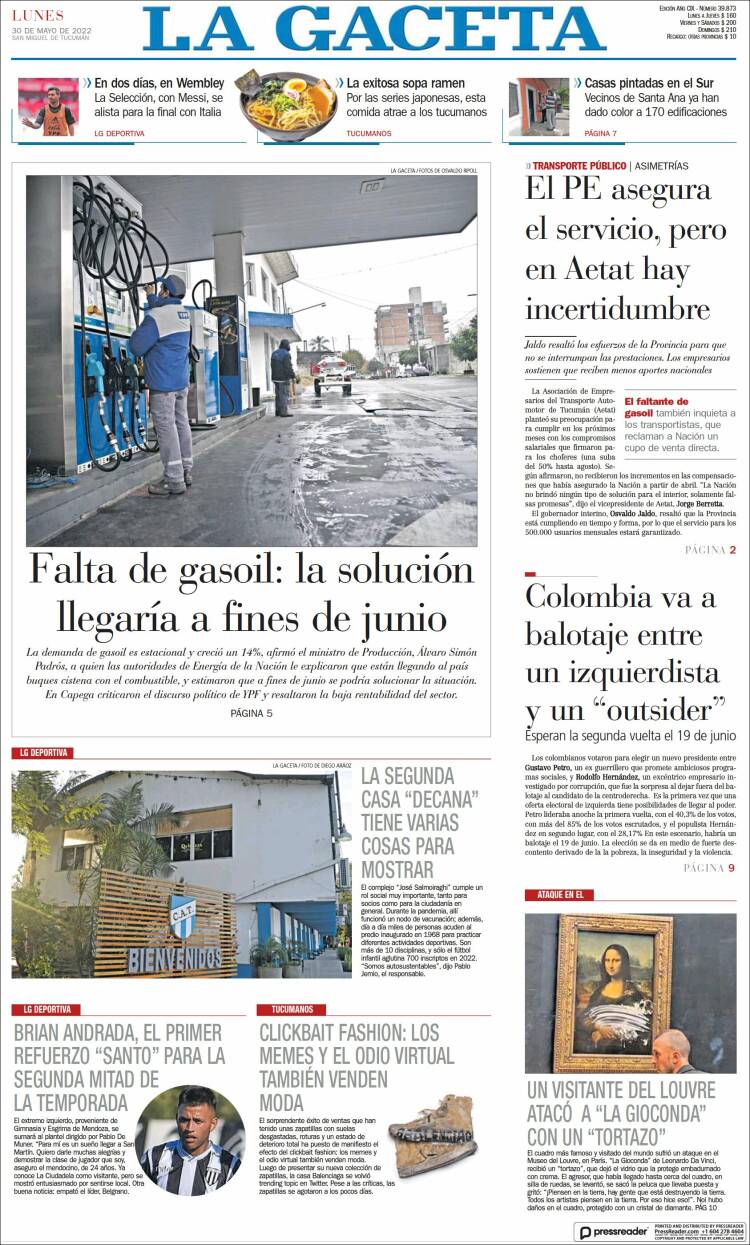 Portada de La Gaceta (Argentina)