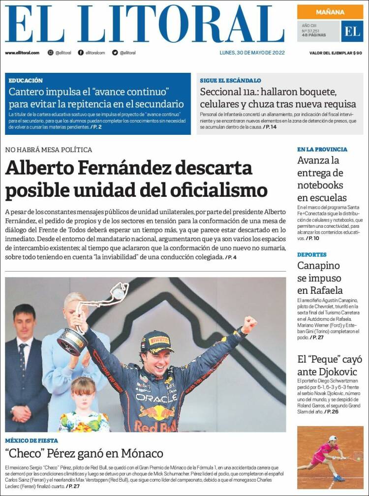 Portada de Diario El Litoral (Argentina)