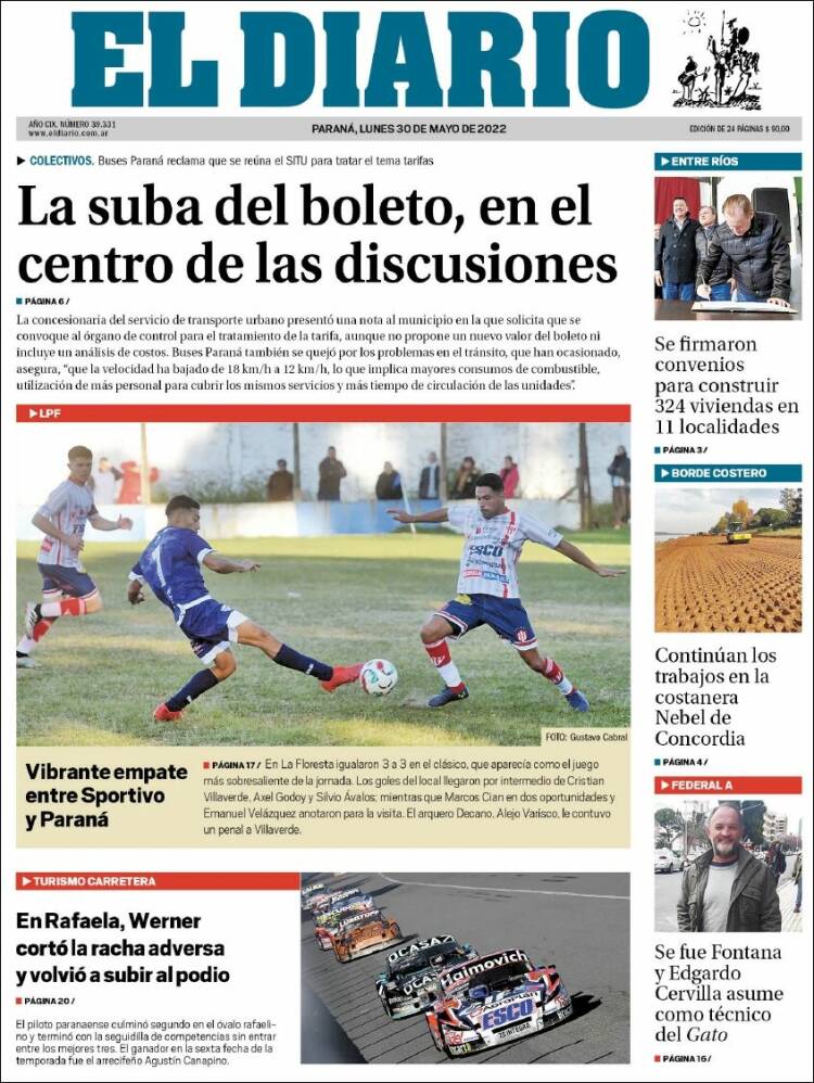 Portada de El Diario de Paraná (Argentina)
