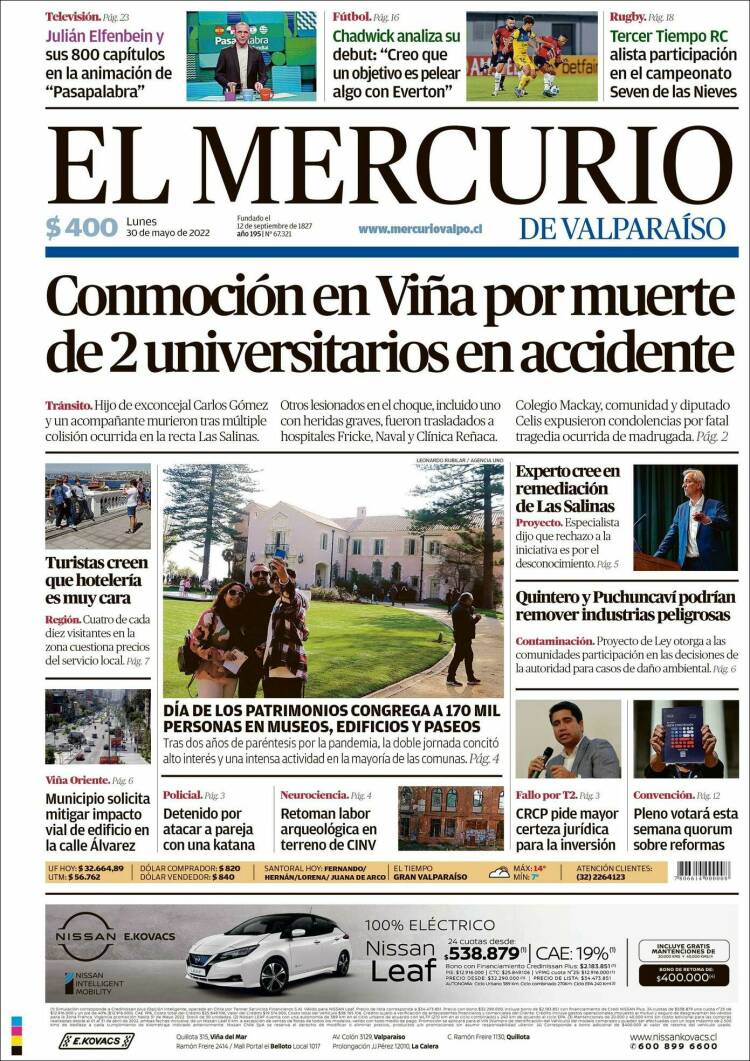 Portada de Mercurio de Valparaiso (Chile)