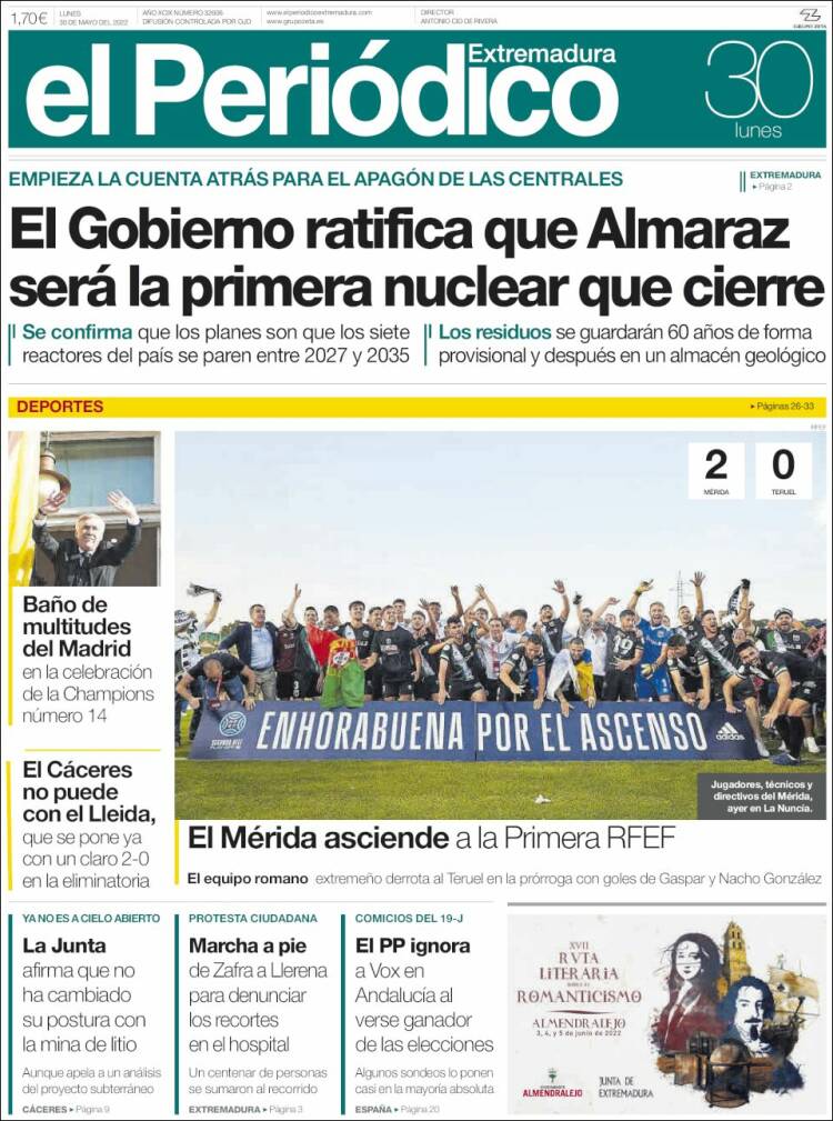 Portada de El Periódico de Extremadura (España)