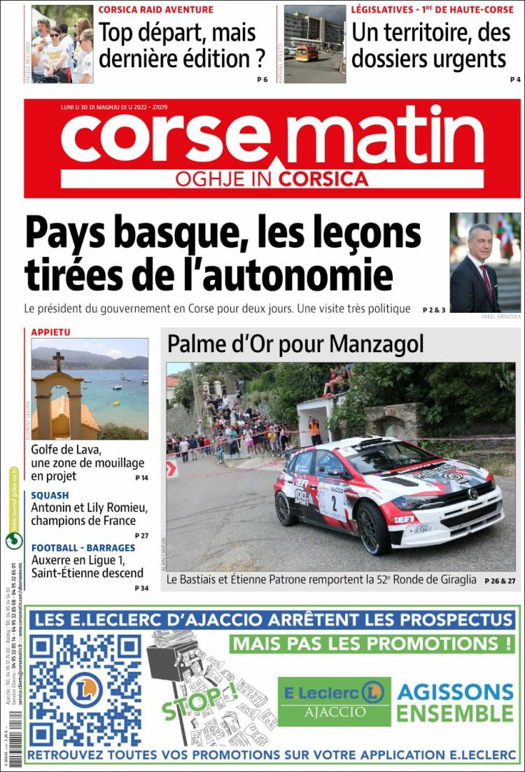 Portada de Corse-Matin (Francia)