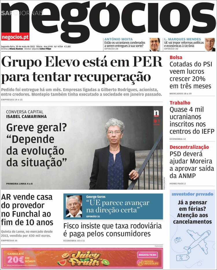Portada de Jornal de Negócios (Portugal)