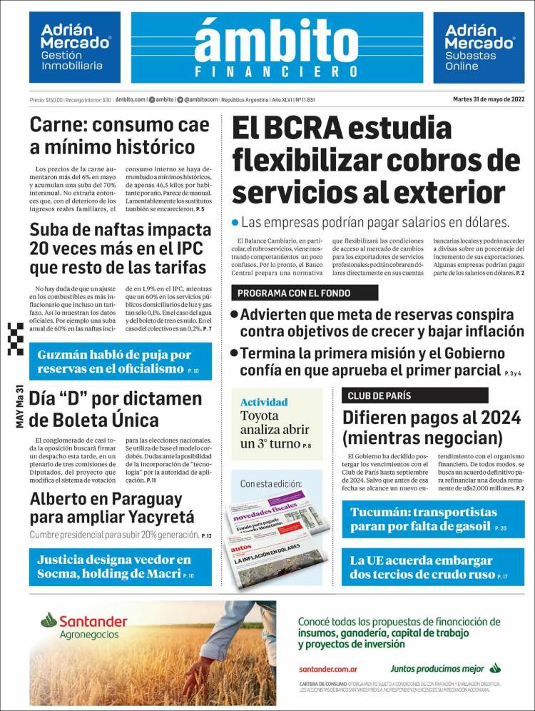 Portada de Diario Ambito Financiero (Argentina)