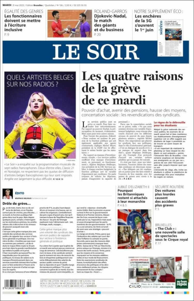 Portada de Le Soir (B&eacute;lgica)