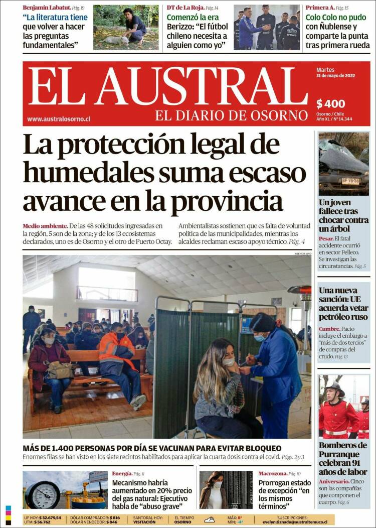 Portada de El Austral de Osorno (Chile)