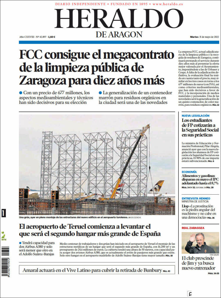 Portada de Heraldo de Aragón (España)