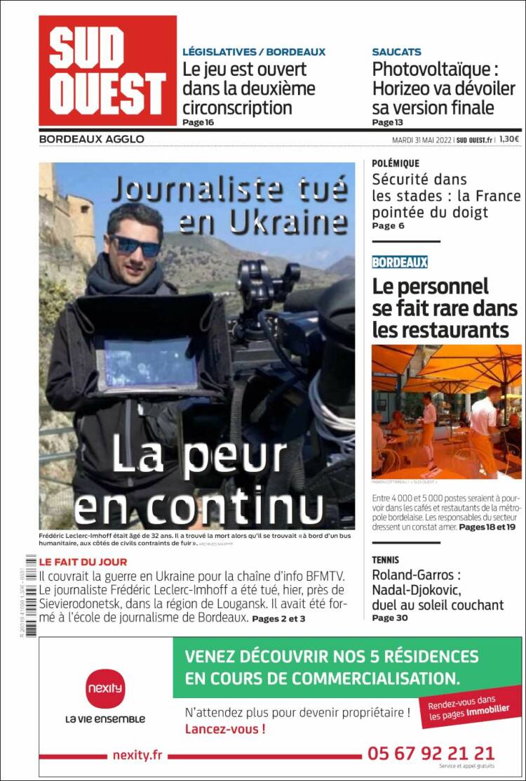 Portada de Sud Ouest (Francia)
