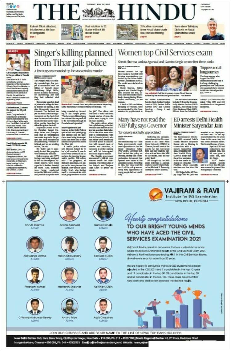 Portada de The Hindu (India)