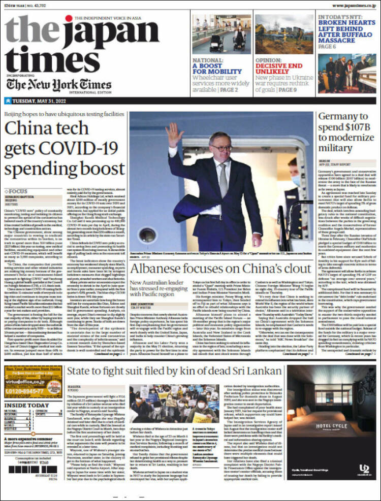 Portada de The Japan Times (Jap&oacute;n)