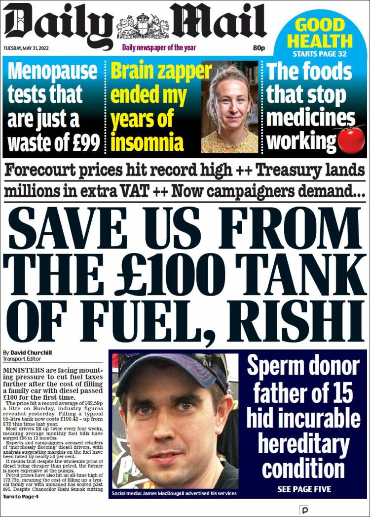 Portada de Daily Mail (Reino Unido)