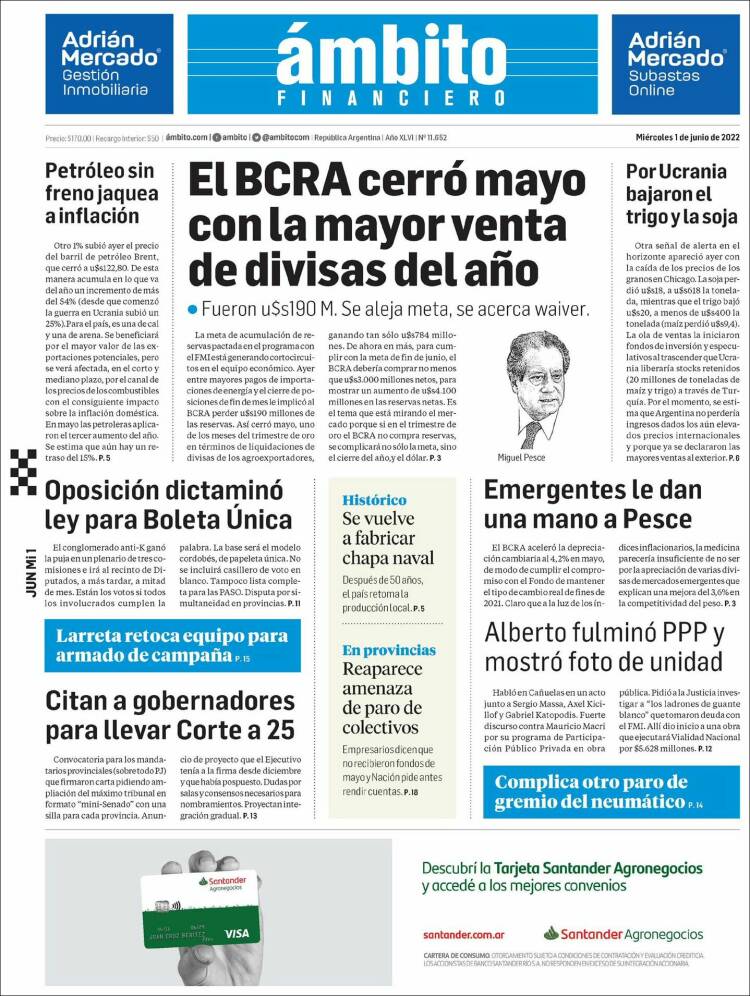 Portada de Diario Ambito Financiero (Argentina)