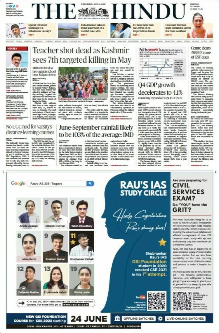 Portada de The Hindu (India)