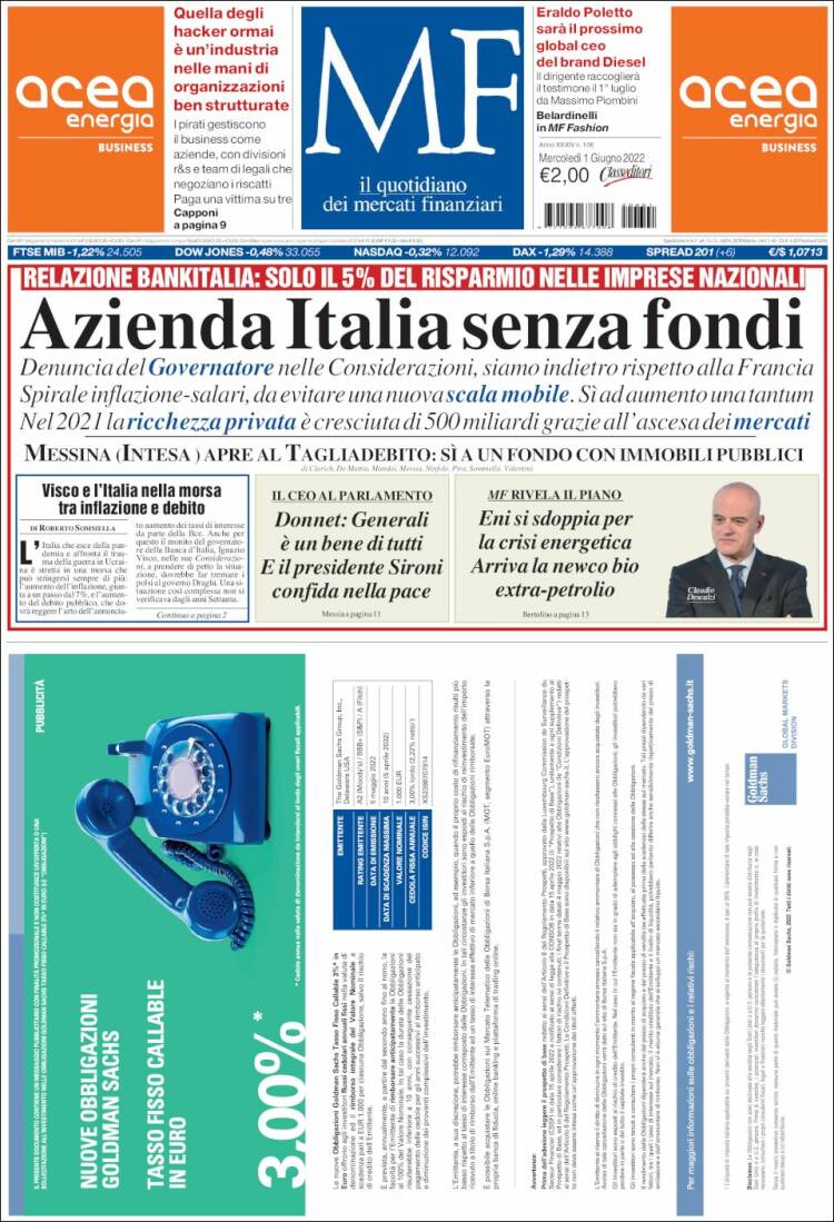 Portada de Milano Finanza (Italia)