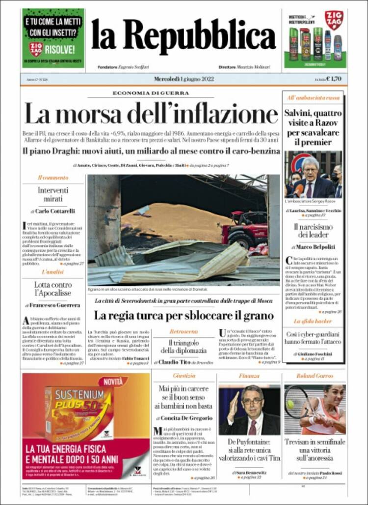 Portada de La Repubblica (Italia)