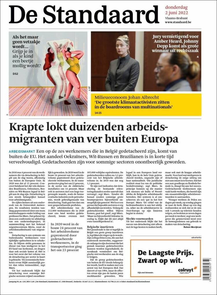 Portada de De Standaard (B&eacute;lgica)