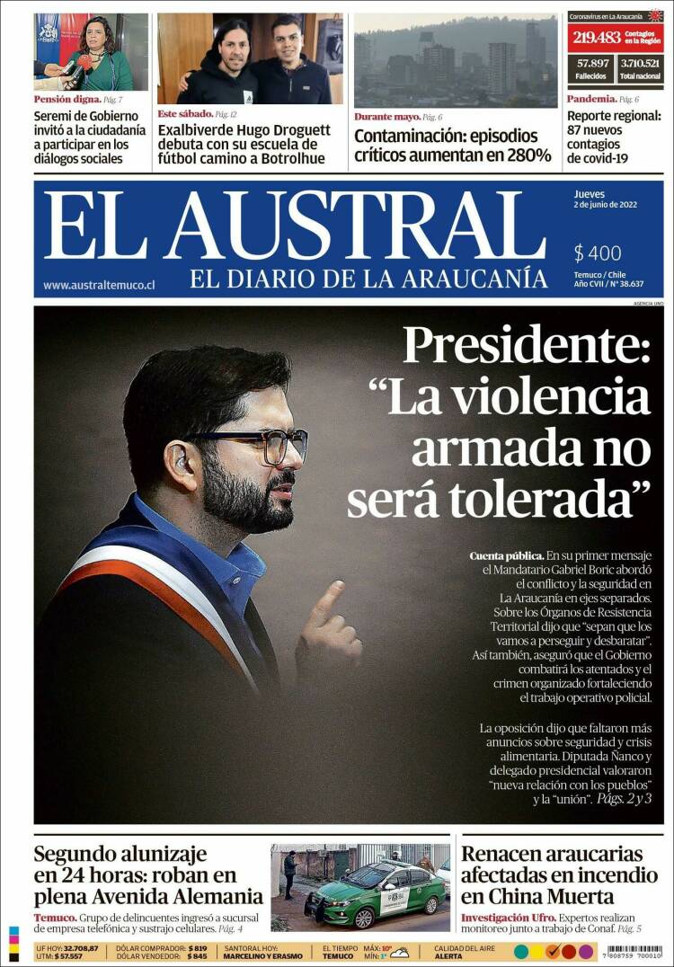 Portada de El Austral de Temuco (Chile)