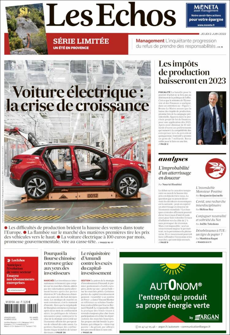 Portada de Les Echos (Francia)