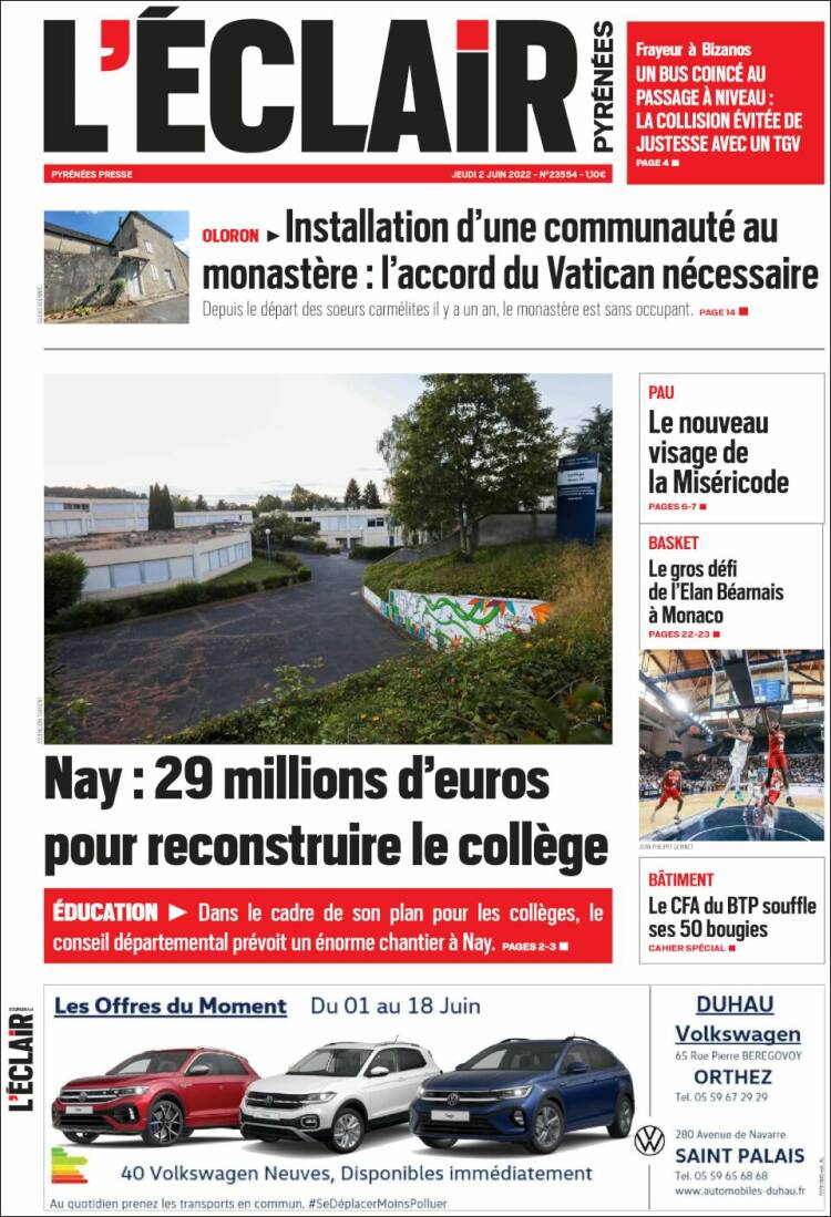 Portada de L'Eclair des Pyrénées (Francia)