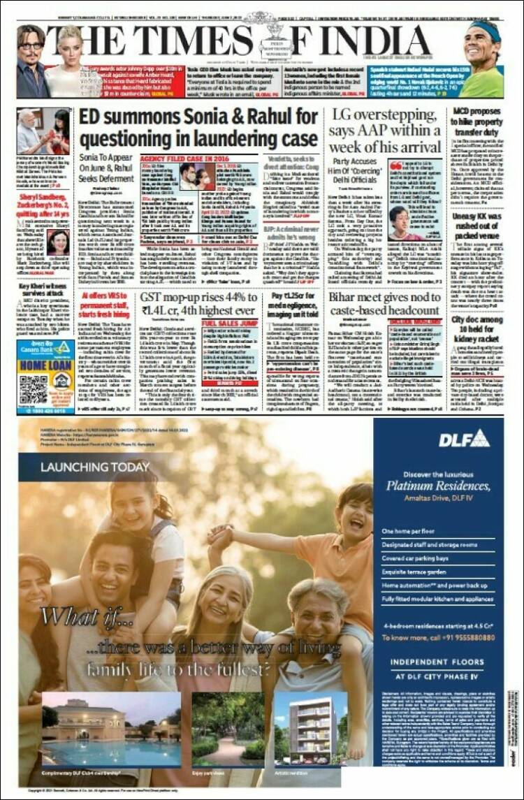 Portada de The Times of India (India)