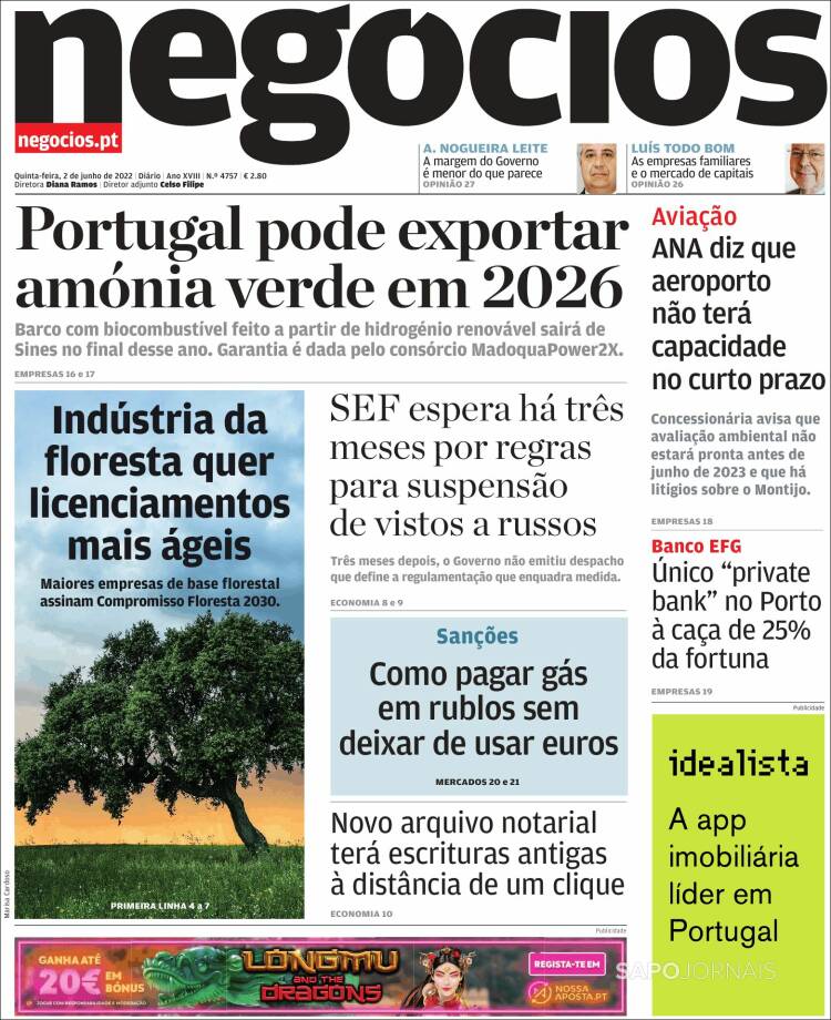 Portada de Jornal de Negócios (Portugal)