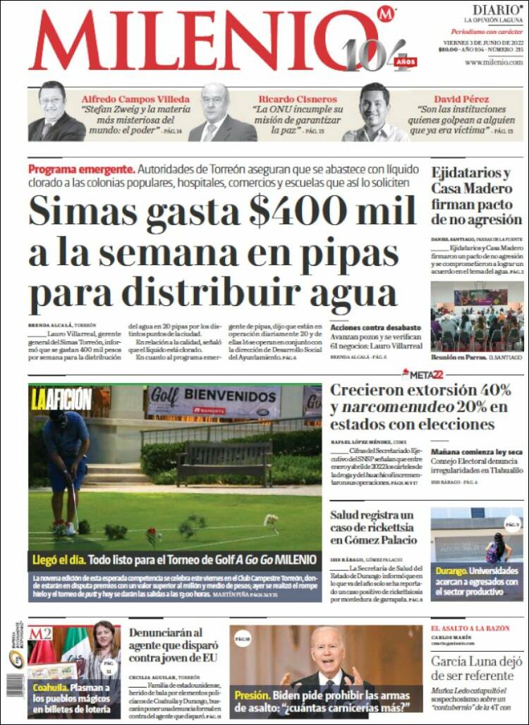 Portada de Milenio - Laguna (México)