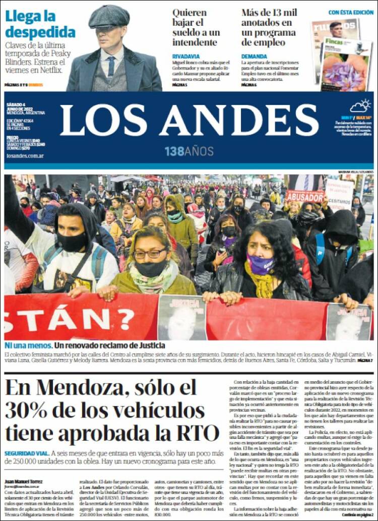 Portada de Los Andes - Mendoza (Argentina)