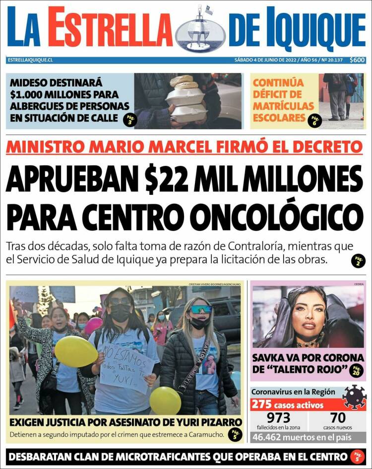 Portada de La Estrella de Iquique (Chile)