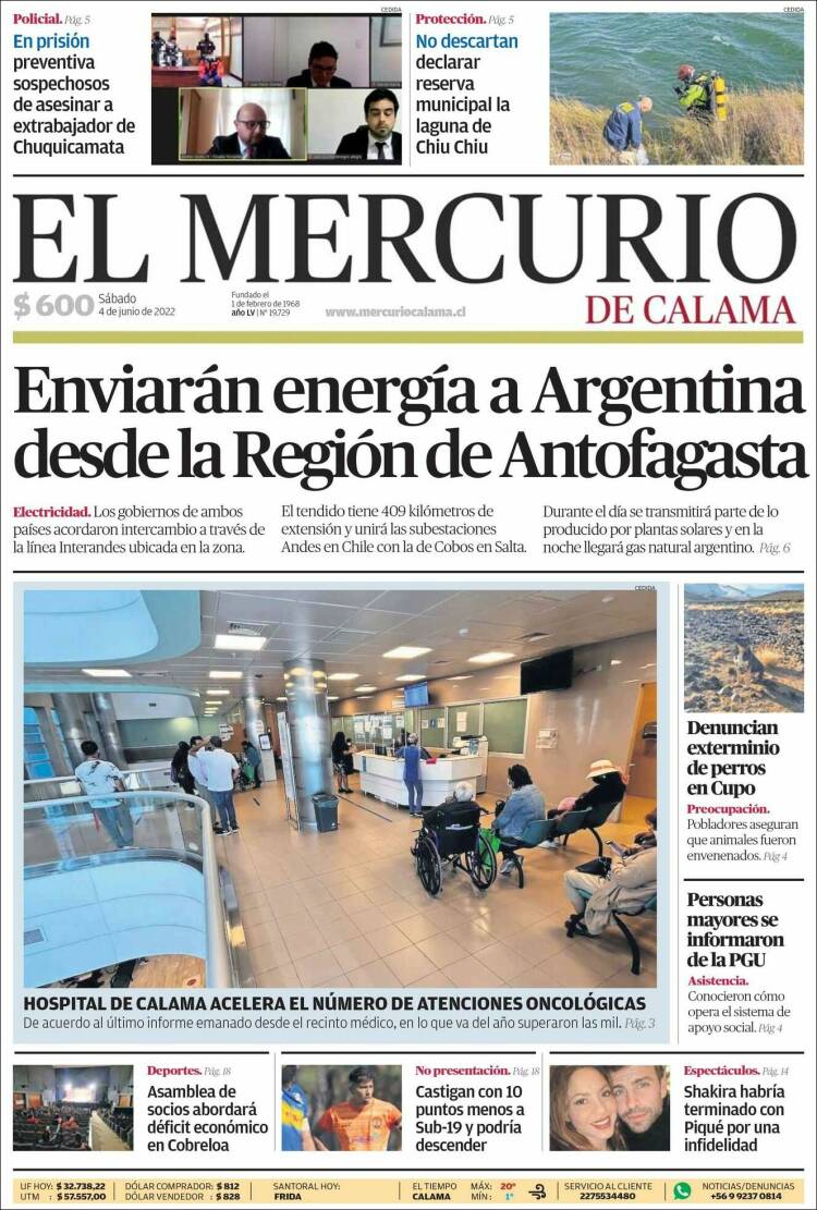 Portada de El Mercurio - Calama (Chile)