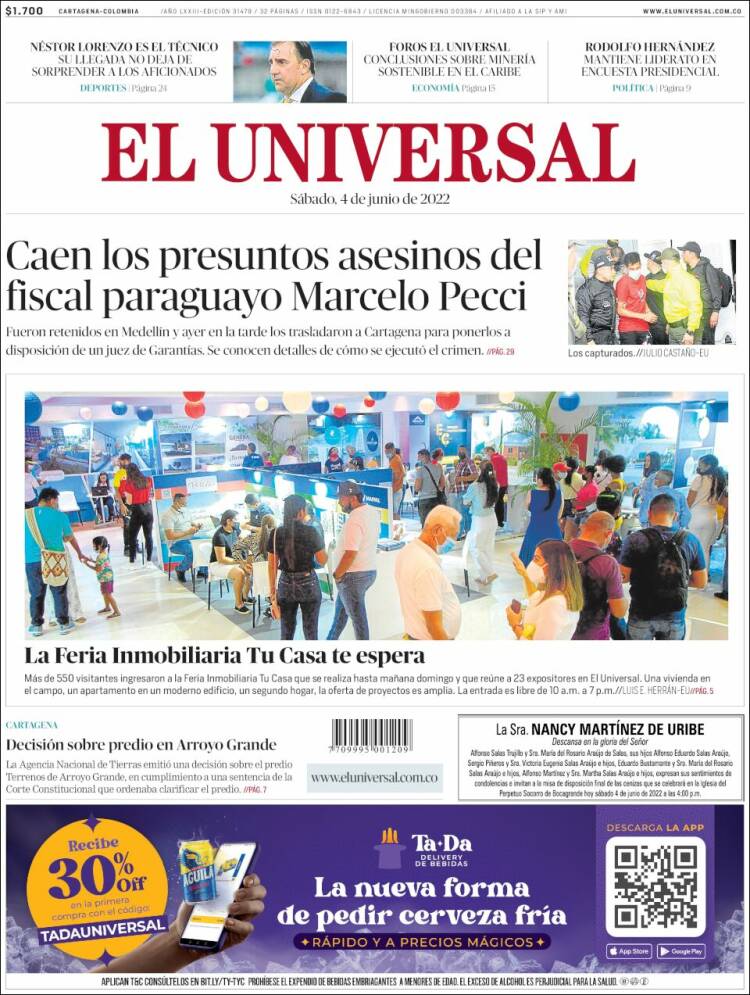 Portada de El Universal (Colombia)