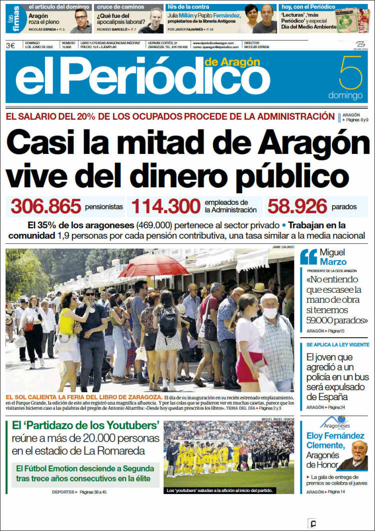 Portada de El Periódico de Aragón (España)