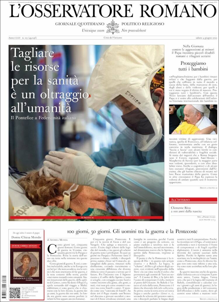 Portada de L'Osservatore Romano (Italia)