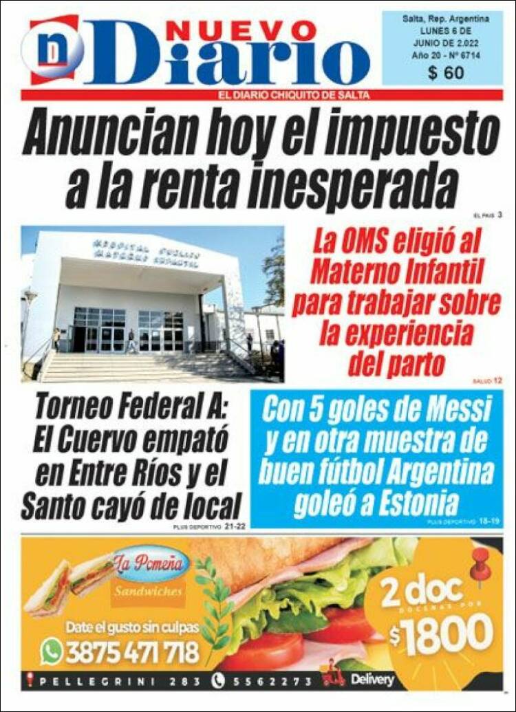 Portada de Nuevo Diario de Salta (Argentina)