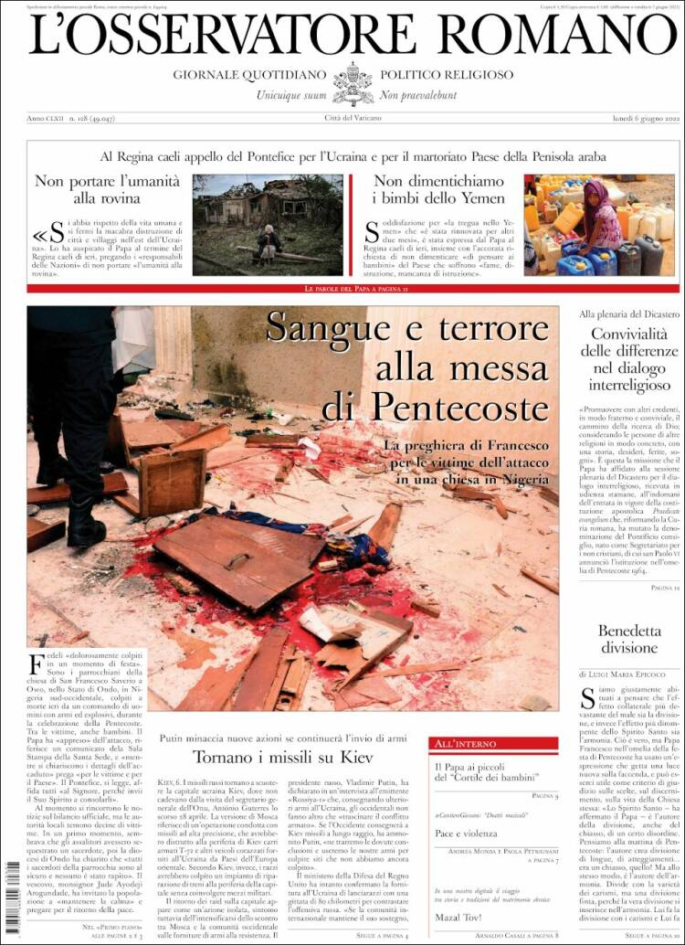 Portada de L'Osservatore Romano (Italia)