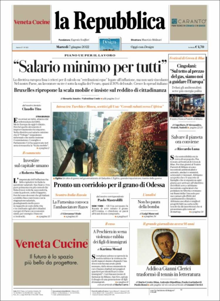 Portada de La Repubblica (Italia)