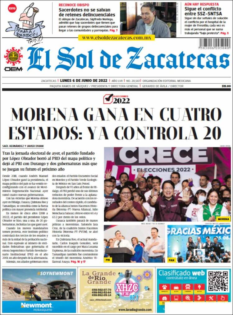 Portada de El Sol de Zacatecas (M&eacute;xico)