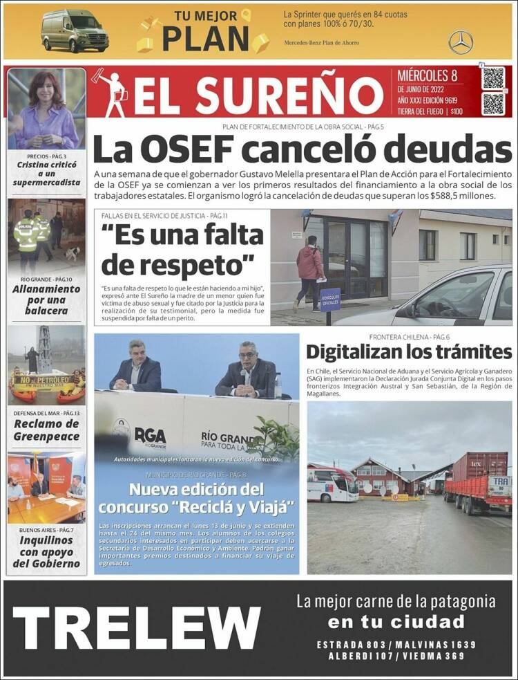 Portada de Diario El Sureño (Argentina)