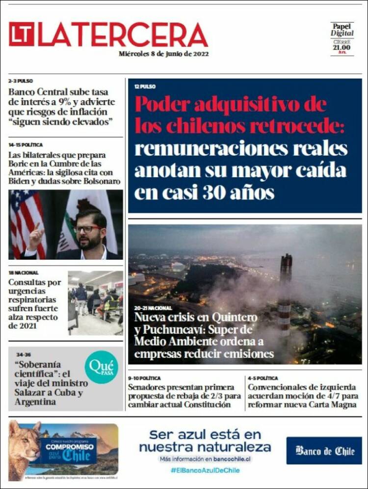 Portada de La Tercera (Chile)