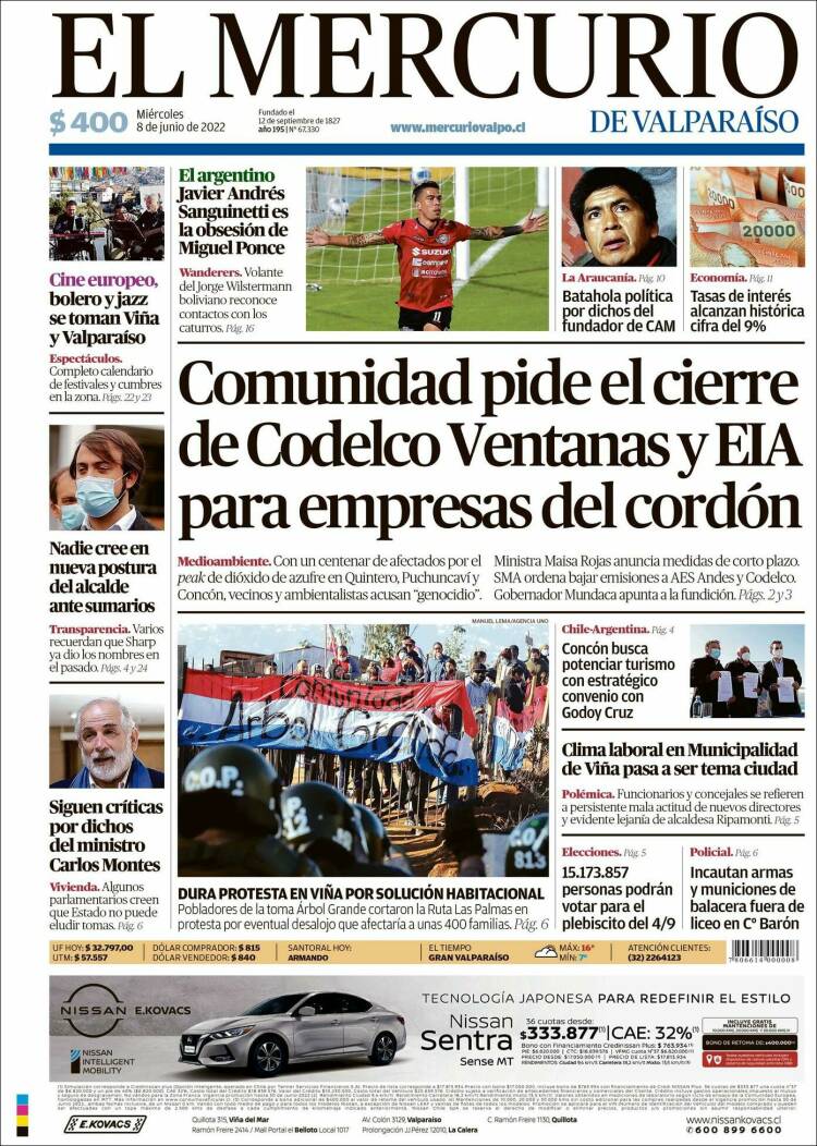 Portada de Mercurio de Valparaiso (Chile)