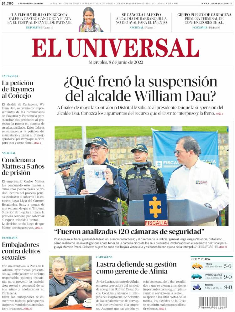 Portada de El Universal (Colombia)