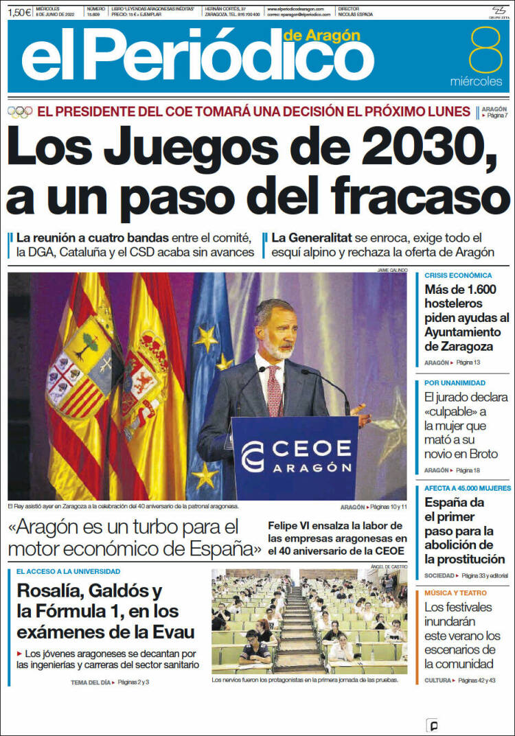 Portada de El Periódico de Aragón (Spain)