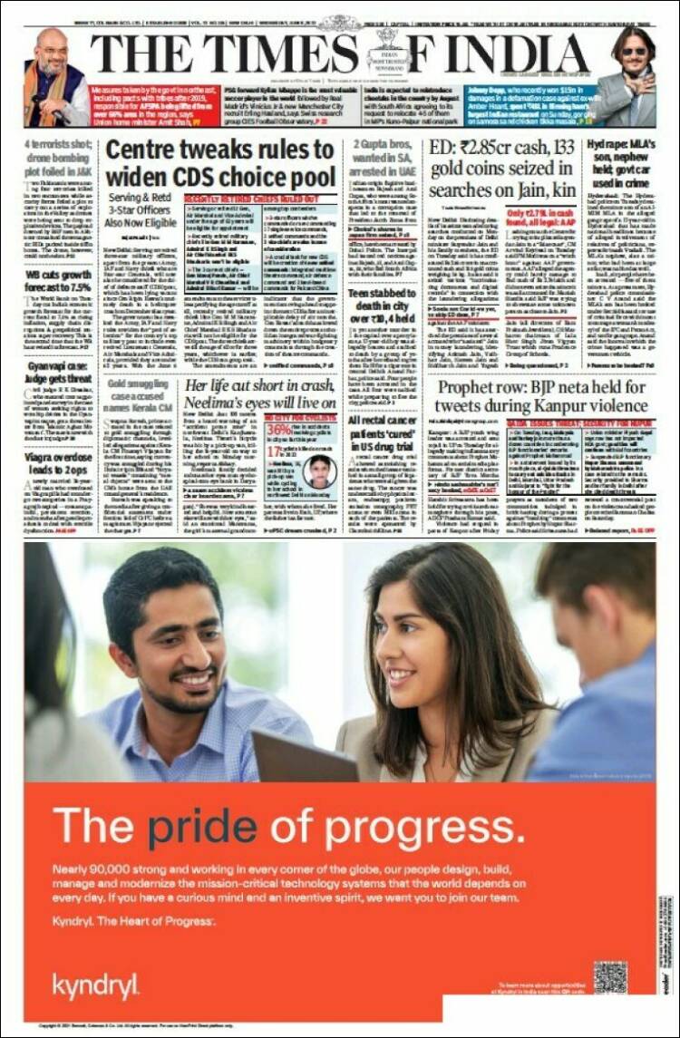 Portada de The Times of India (India)