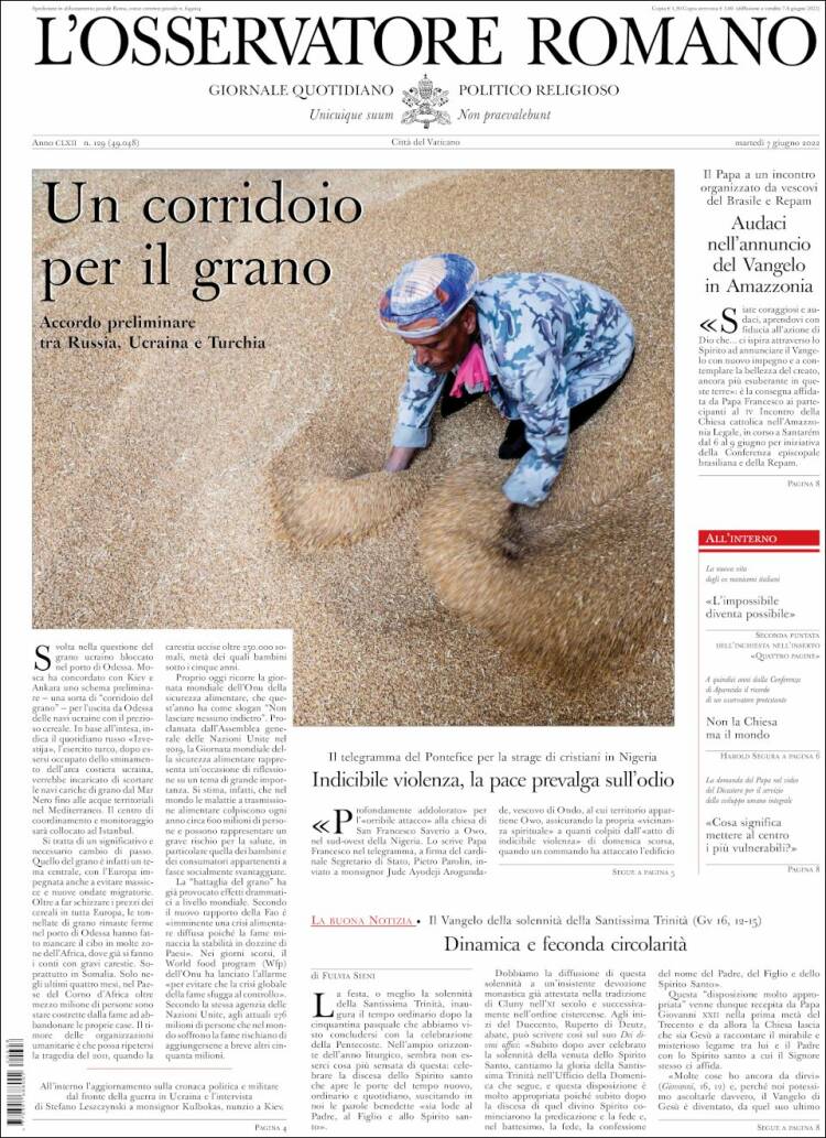 Portada de L'Osservatore Romano (Italia)