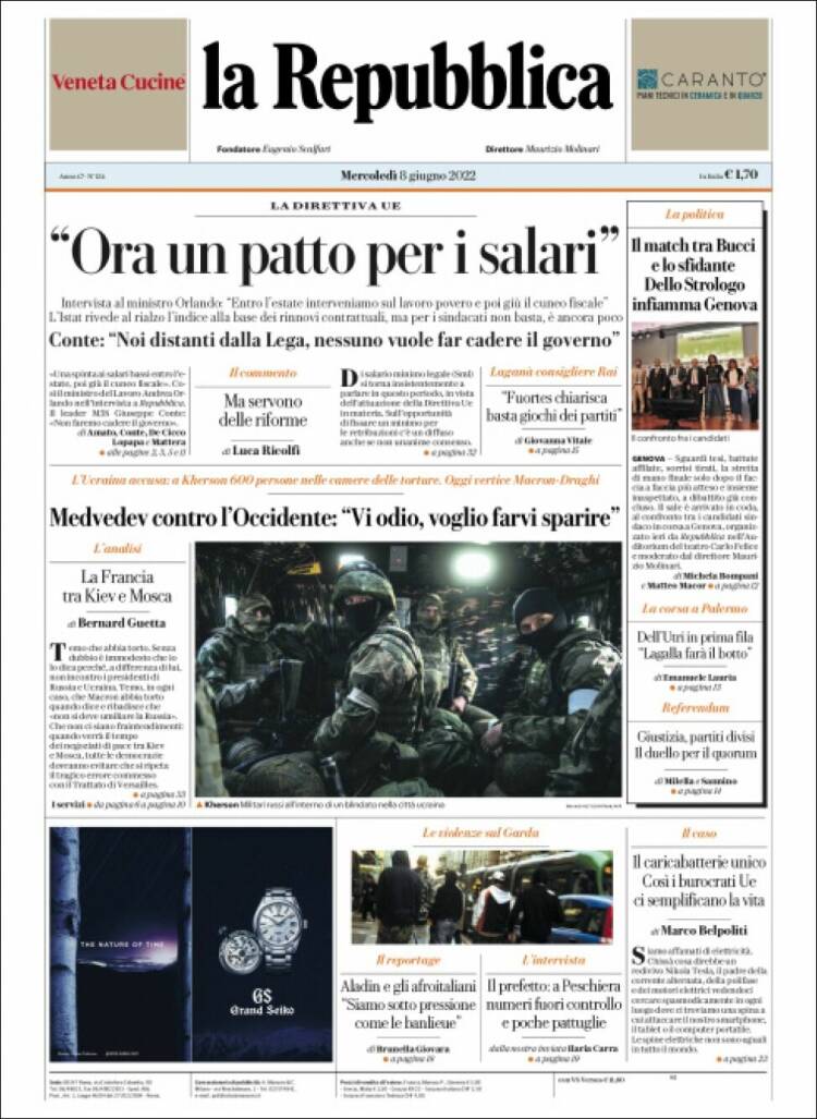 Portada de La Repubblica (Italia)