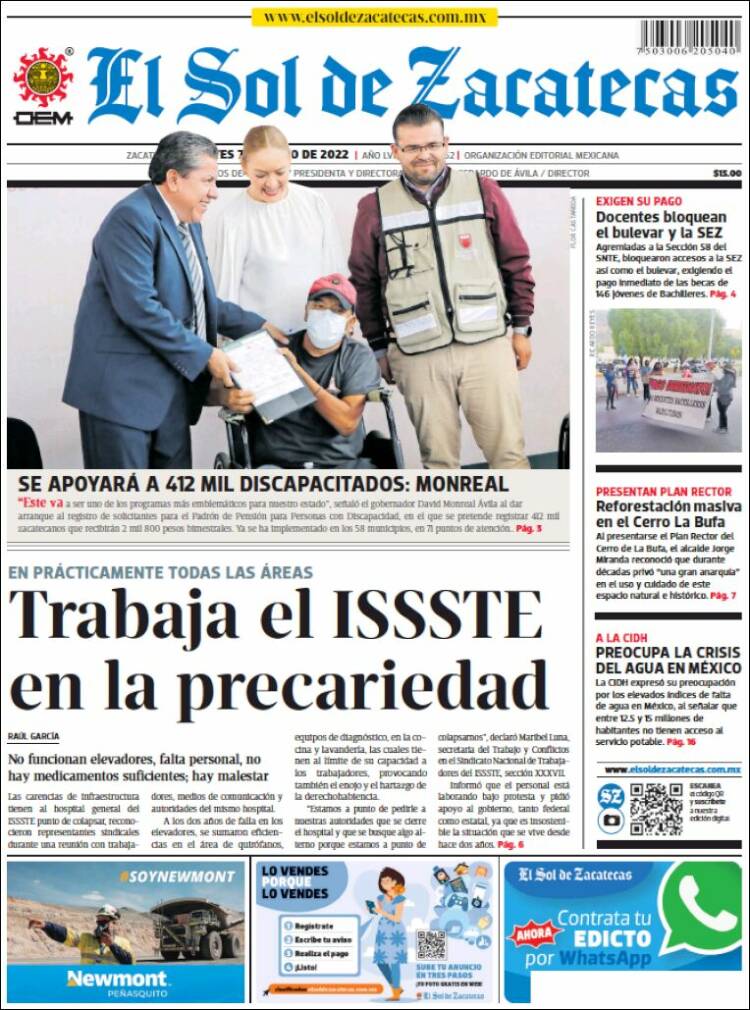 Portada de El Sol de Zacatecas (M&eacute;xico)